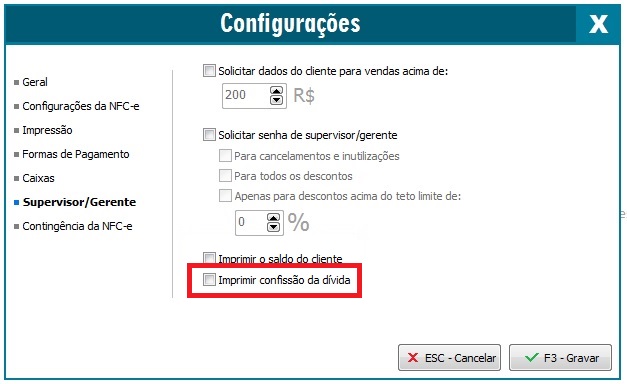 Opção Imprimir confissão de dívida