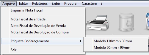 Menu Arquivo com a opção Etiqueta Endereçamento Menu Etiqueta Endereçamento