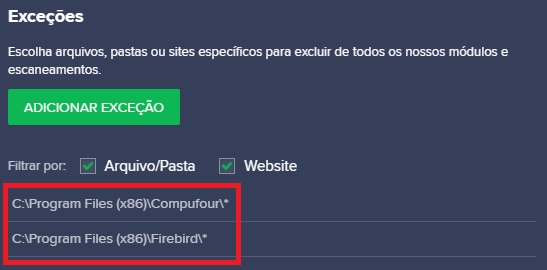 Caminhos nas exceções do Avast
