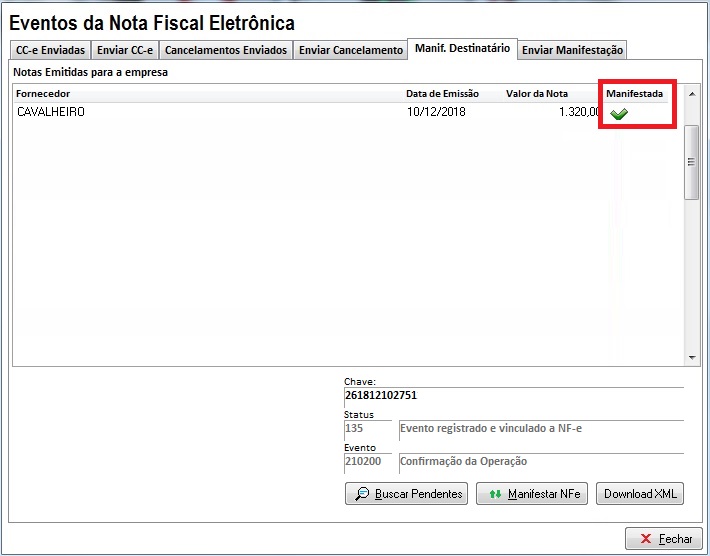 Confirmação de manifestação da nota