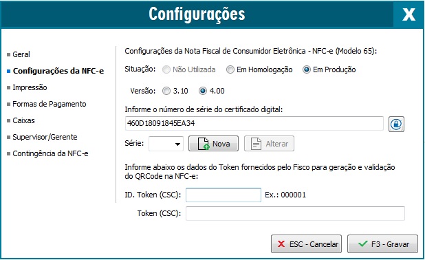 Aba Configurações da NFC-e