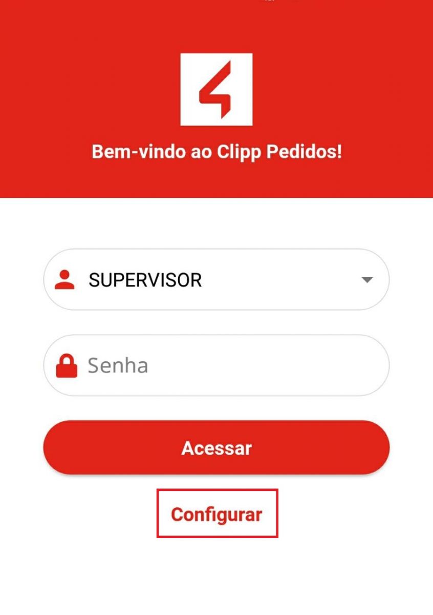 Opção Configurar no aplicativo Clipp Pedidos Configurar no aplicativo