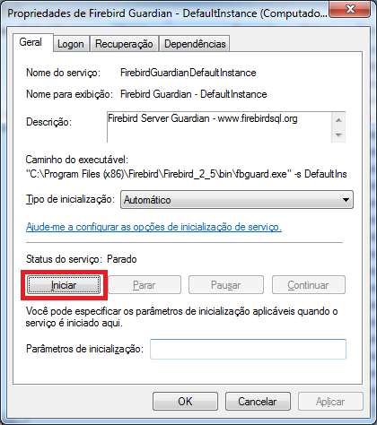 Iniciar serviço do Firebird