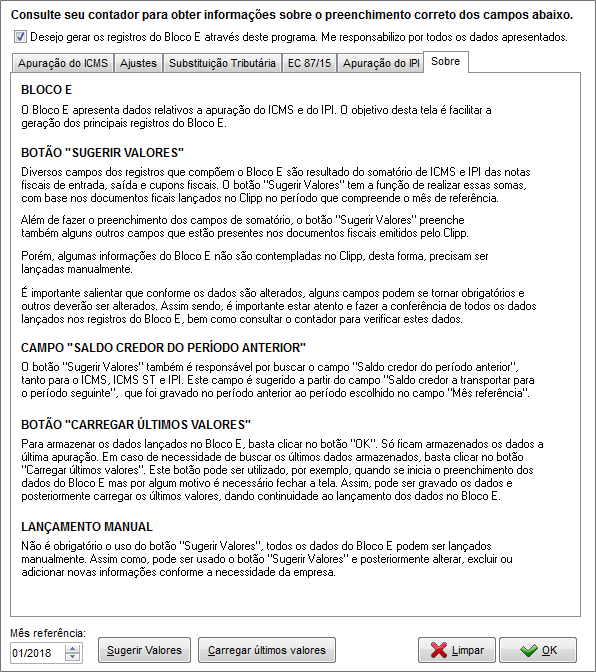 Opção Sobre do SPED