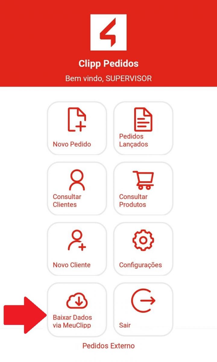 Botão Baixar Dados via MeuClipp no aplicativo Baixar Dados via MeuClipp