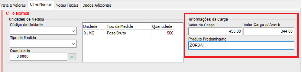 Informações da carga