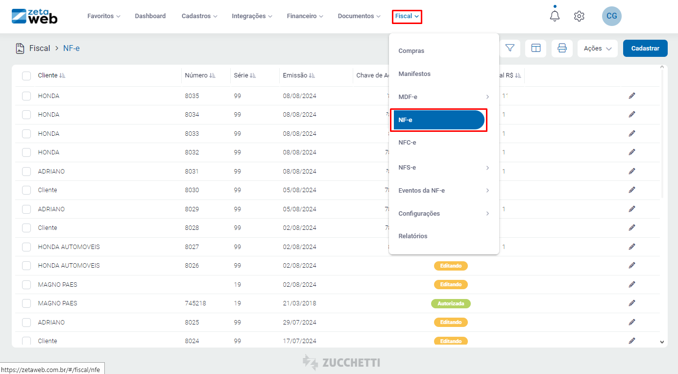 Grid de NF-e para cancelamento