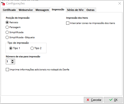 Opções de impressão do DANFE e impressão simplificada Aba Impressão do DANFE
