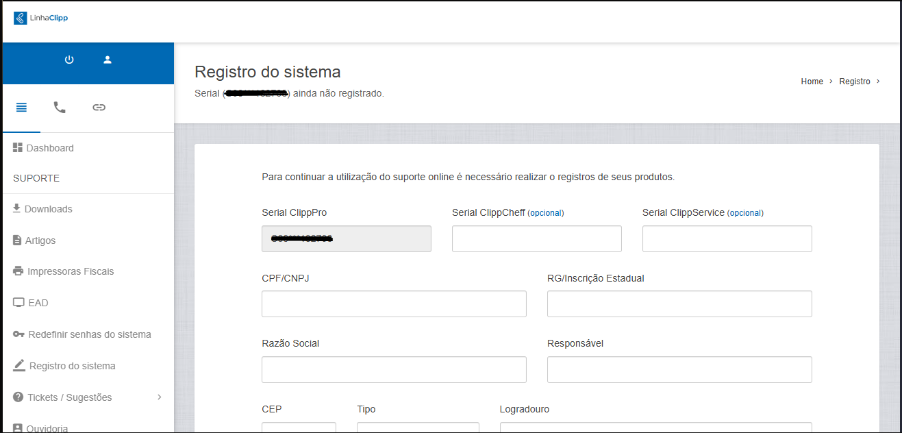 Registro do sistema pelo site