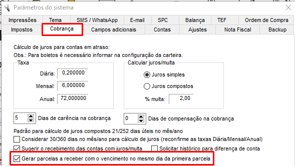 Opção de vencimento no mesmo dia da primeira parcela