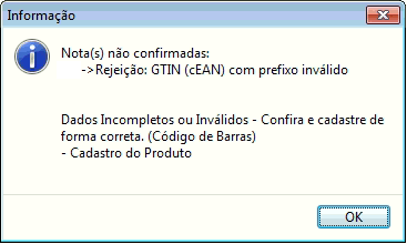 Mensagem de rejeição de GTIN (cEAN) com prefixo inválido Rejeição de GTIN com prefixo inválido