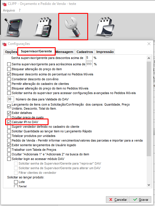 Opção Calcula IPI no DAV