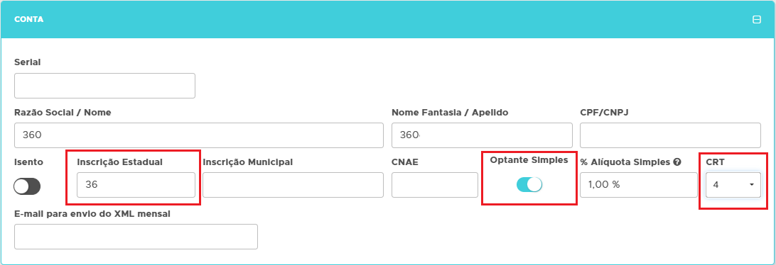 Preenchimento da Inscrição Estadual, Optante Simples e CRT 4 na aba Conta Aba Conta com CRT 4