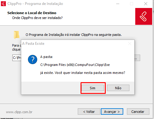 Confirmação da pasta de instalação