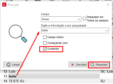 Opção contendo na pesquisa
