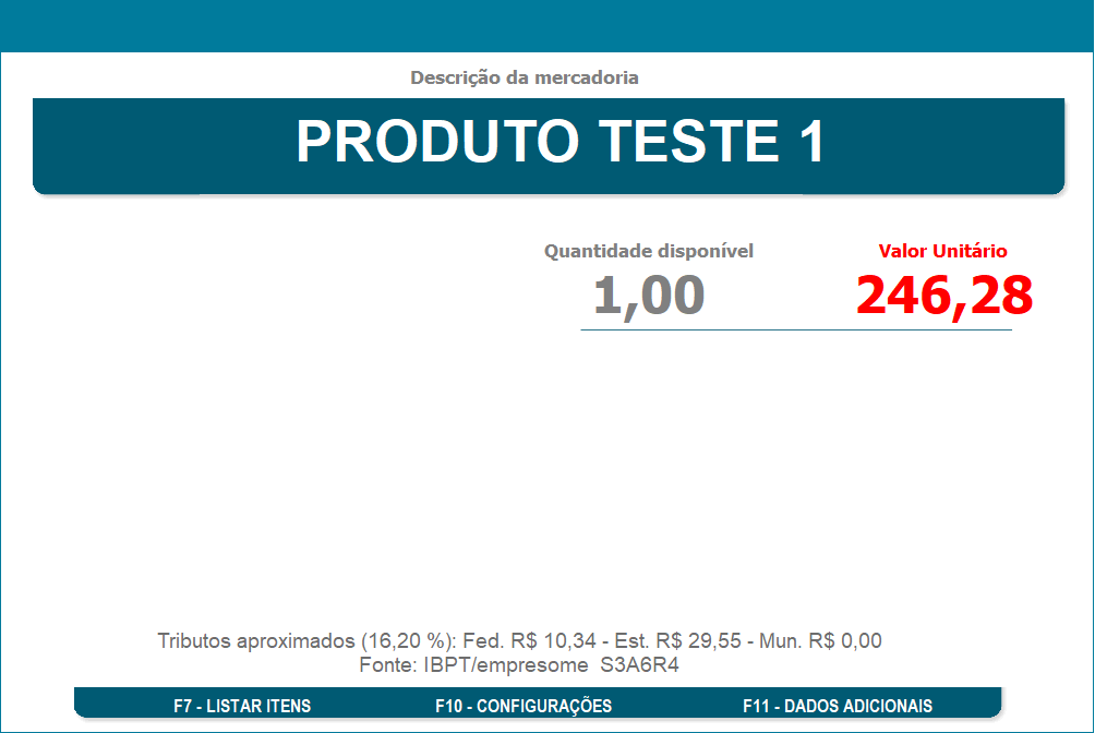 Quantidade e valor do produto consultado