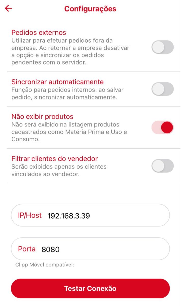 Campos IP/HOST e Porta na configuração de pedidos internos Configuração de IP/HOST e Porta