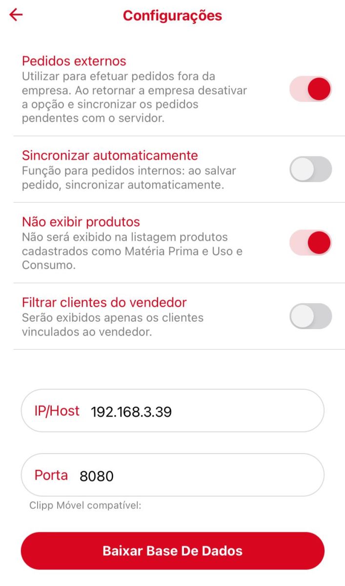 Habilitando a opção Pedidos Externos no aplicativo Opção Pedidos Externos