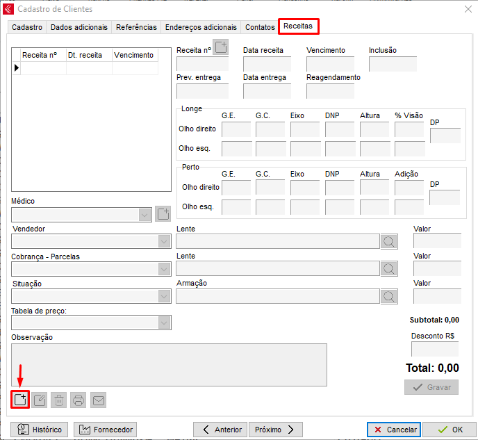 Aba Receitas no cadastro do cliente