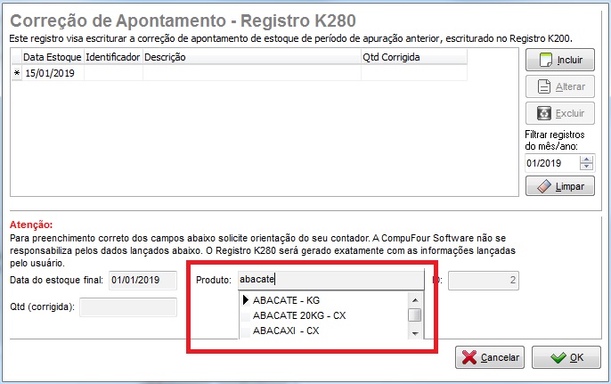 Produto a corrigir no K280