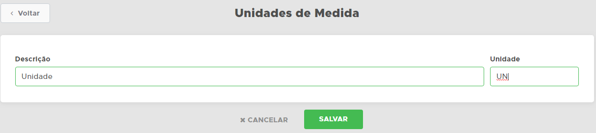 Cadastro da unidade de medida com descricao e codigo Cadastro da unidade de medida