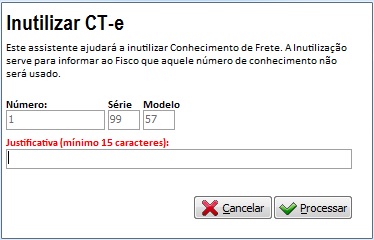 Tela de inutilização do CT-e com a justificativa