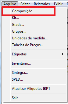 Menu Estoque - Arquivo - Composição