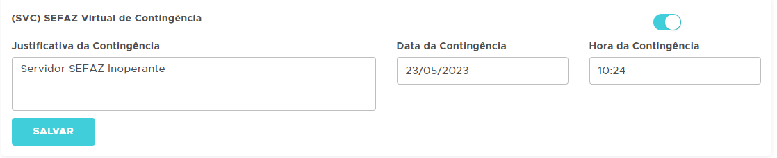 Opcao SVC marcada e campos de justificativa, data e hora da contingencia Opcao SVC e campos de contingencia