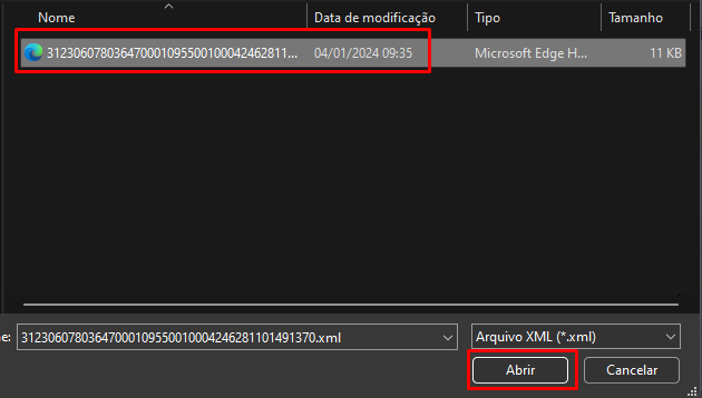 Seleção do arquivo XML