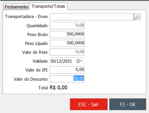 Aba Transporte e Totais