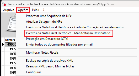 Menu Manifestação do Destinatário