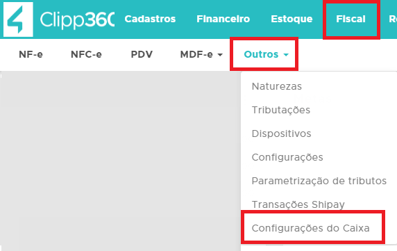 Menu Fiscal - Outros - Configurações do caixa no Clipp360 Menu Configurações do caixa