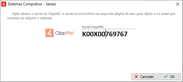 Campo para informar o serial ao abrir o ClippMEI