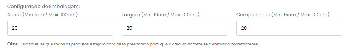 Dados da embalagem