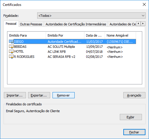Certificados na aba Pessoal