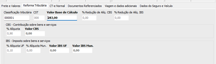 Aba Reforma Tributária na emissão do CT-e Aba Reforma Tributária no CT-e