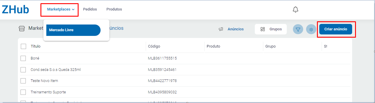 Opção Criar anúncio no painel do ZHUB