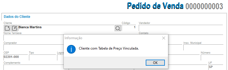 Cliente com tabela vinculada no DAV
