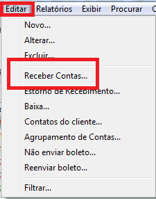 Acesso a Editar e Receber Contas no Contas a Receber Menu Editar Receber Contas
