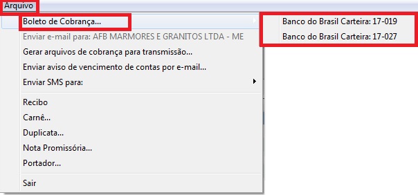 Menu Boleto de Cobrança