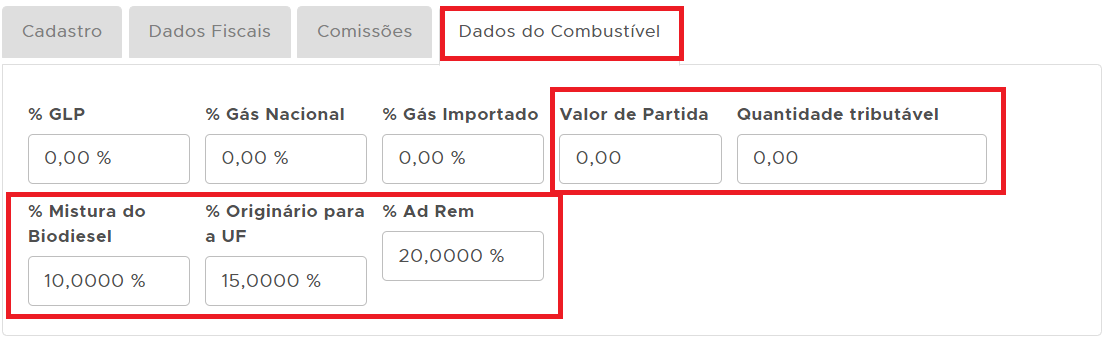 Aba Dados do combustível