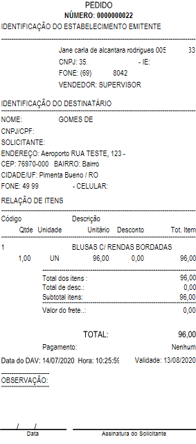 Comprovante do lançamento rápido