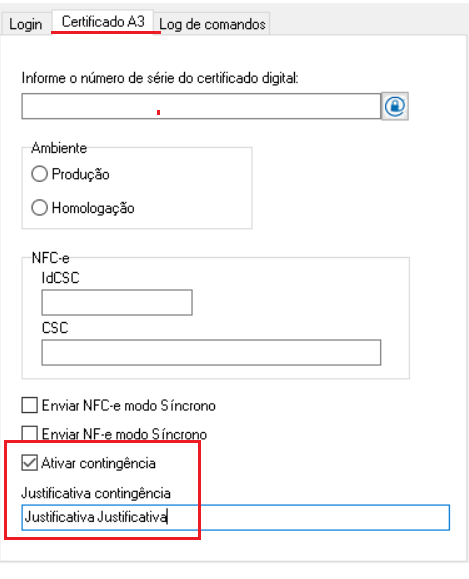 Aba Certificado A3 com a opcao Ativar Contingencia no integrador Ativar Contingencia no integrador A3