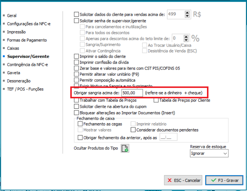 Campo para definir o valor que obriga a sangria em Supervisor/Gerente