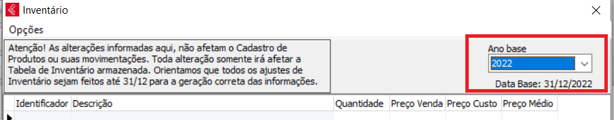 Definicao do ano base para ajustar o inventario Ano base do inventario