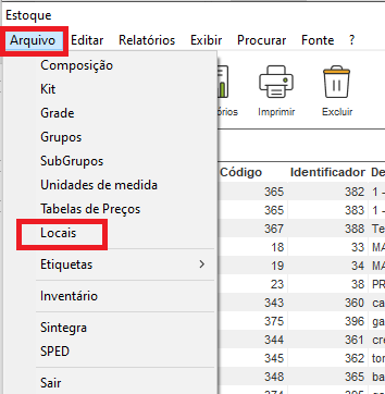 Menu Arquivo - Locais