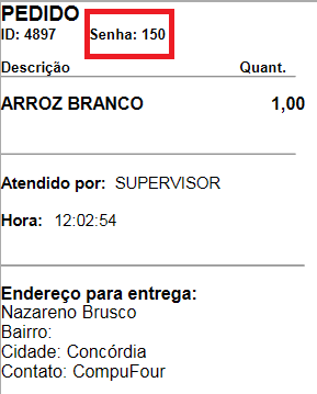Senha impressa no pedido