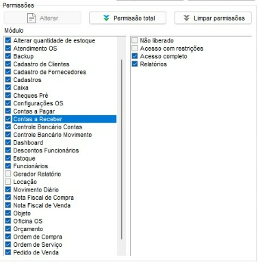 Permissões por módulo