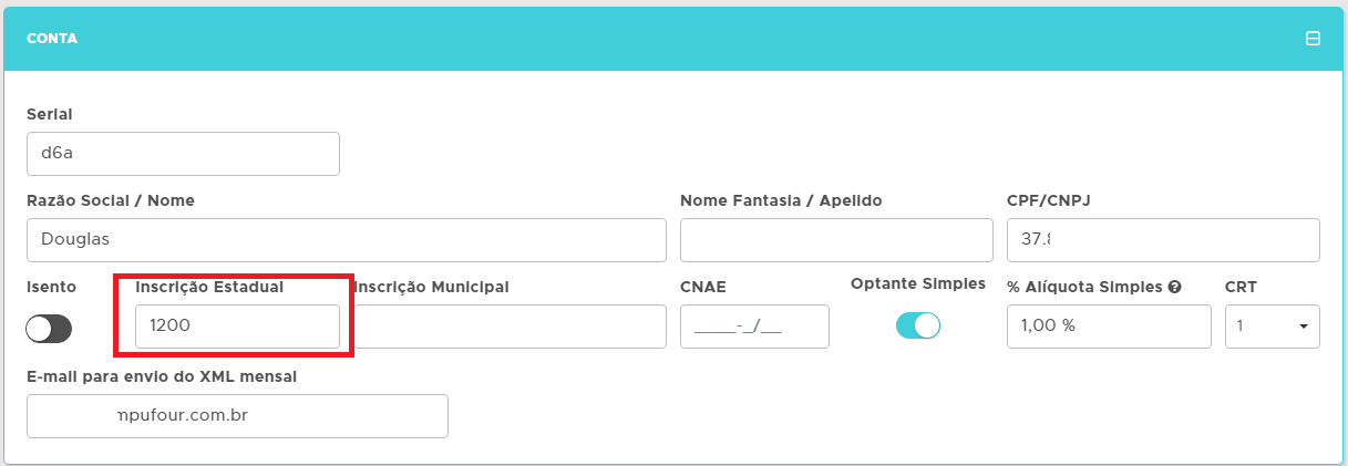 Conferência do campo Inscrição Estadual nos Dados da empresa Campo Inscrição Estadual