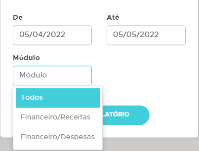 Período e filtro do relatório